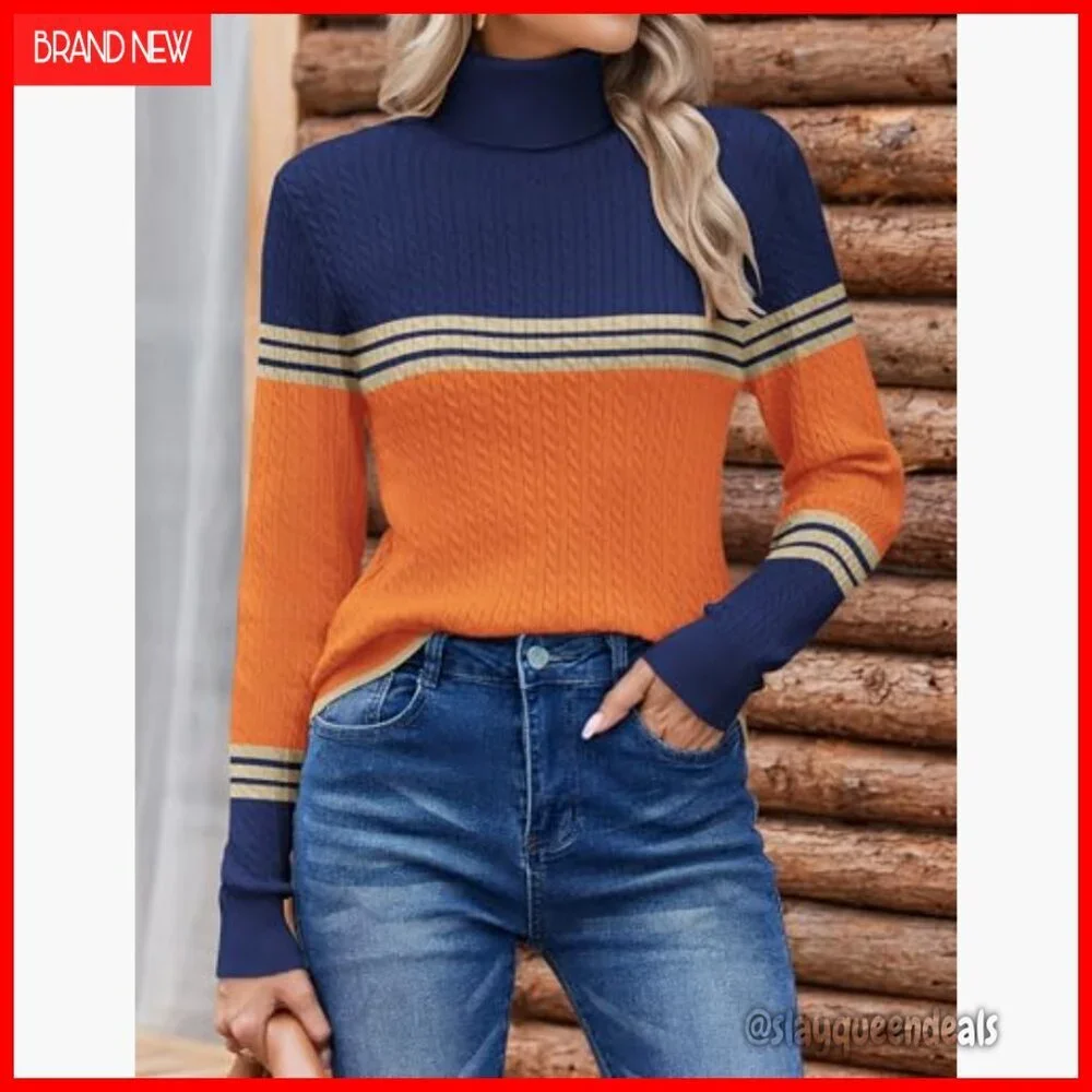 Turtleneck Cable Knit Pullover Sweater Long Sleeve Slim Fit Fall Winter
